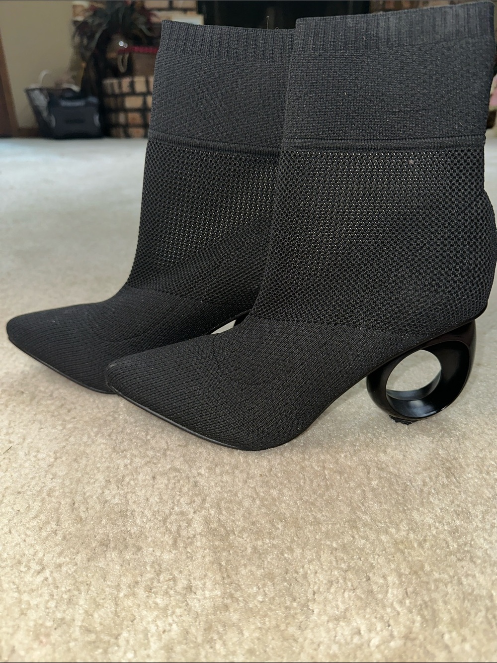 Black Sculptural Ring-Heel Knit Sock Boots